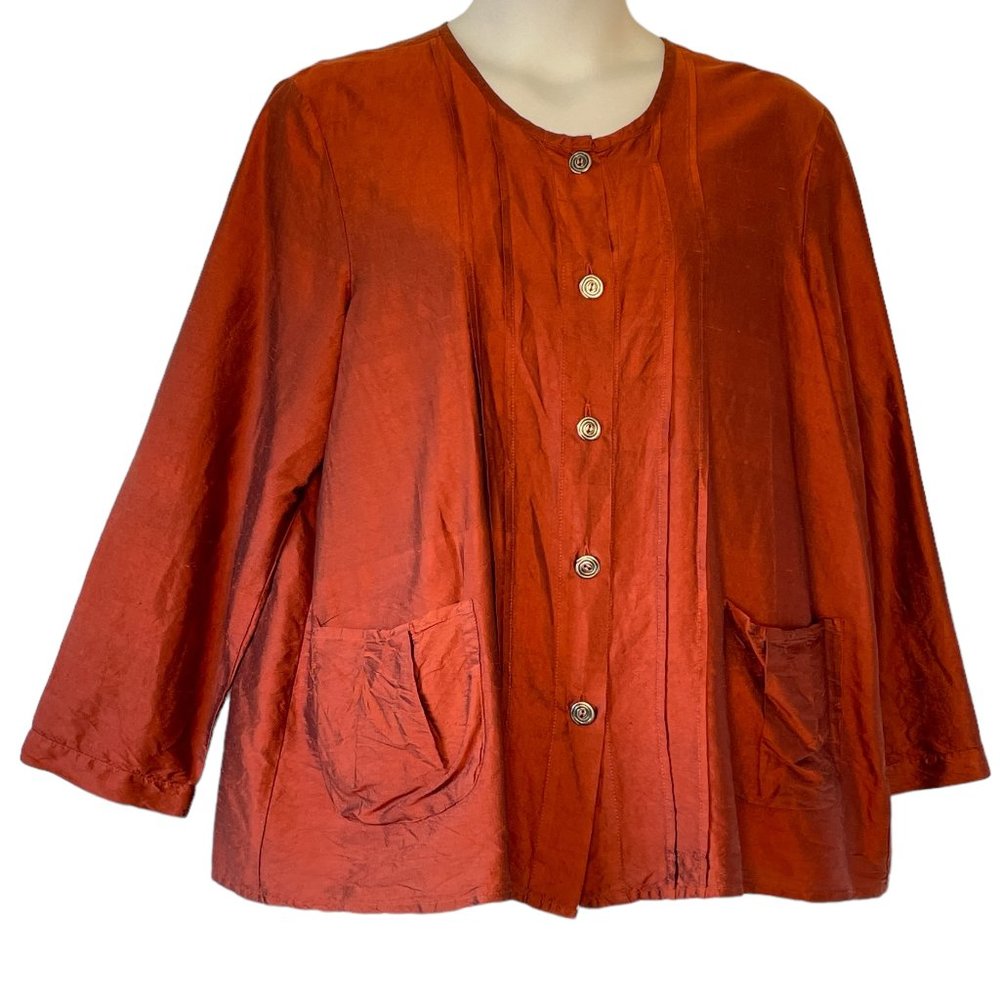 FLAX Silk Tunic Copper Color Jewel Neck Pewter Color Button Down Lagenlook   L